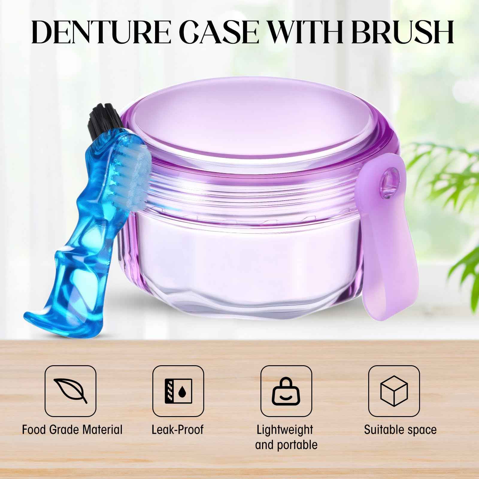 Sieral 6 Pcs Denture Case, Leak Proof Denture Bath Cup for Travel, False Teeth Container Cups for Soaking Full & Partial Dentures, Retainers, False Teeth Cleaning Kit Holder Box with Cleaner Brush