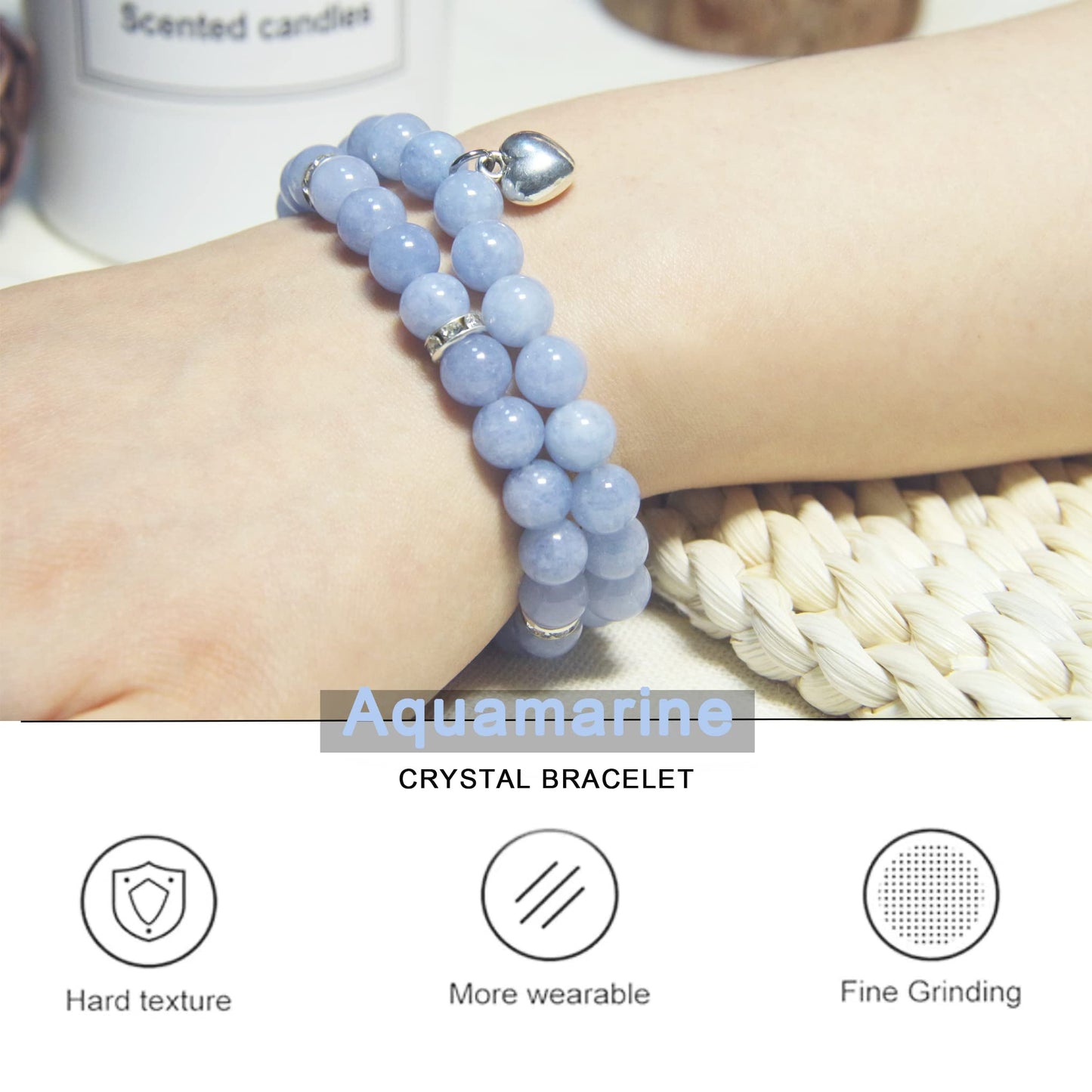 Healing Bracelets for Women - Aquamarine Bracelet - Healing Prayers Crystal Bracelet, 8mm Natural Stone Anti Anxiety Stress Relief Yoga Beads Get Well Soon Gifts