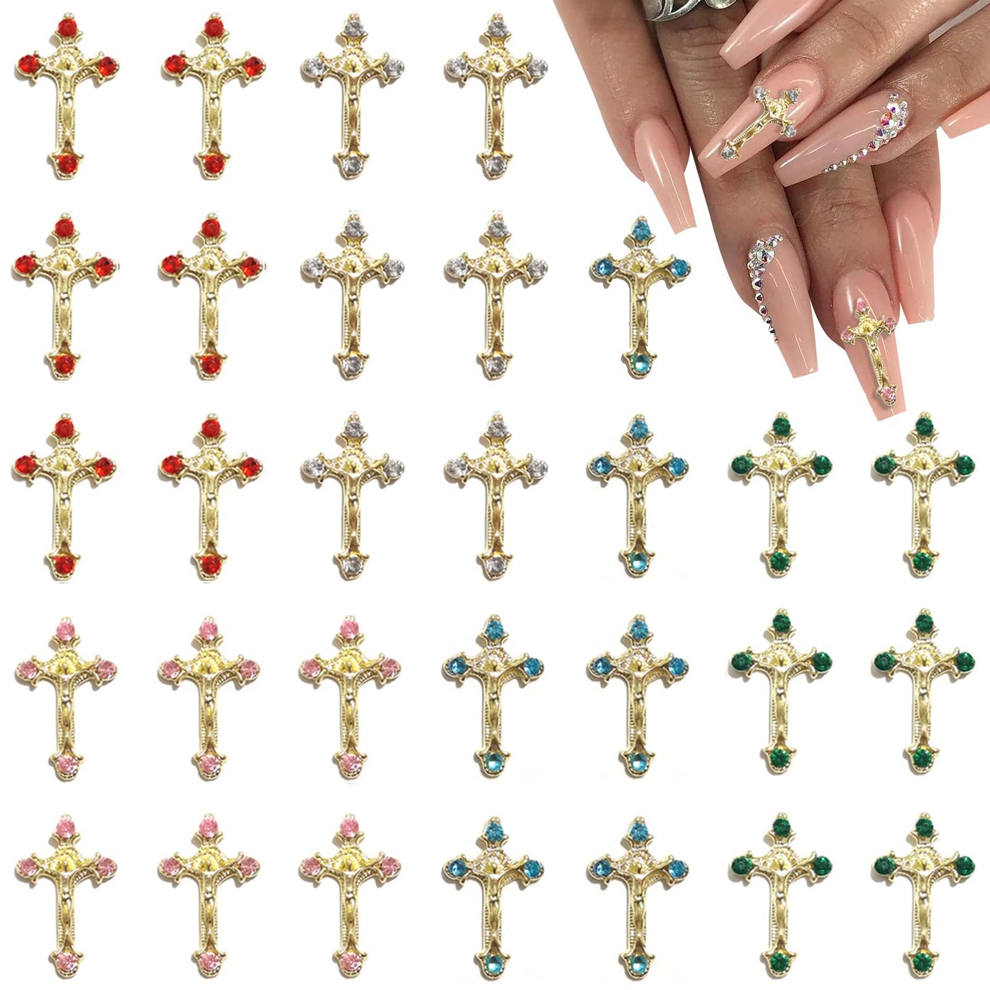 3D Cross Nail Charms for Acrylic Nails, 30pcs Cross Nail Decorations for Nail Art, Gems Diamond Nail Decor, Gold Nail Charm Metal Alloy Crystal Rhinestones Nail Studs for Women DIY Jewelry Crafts