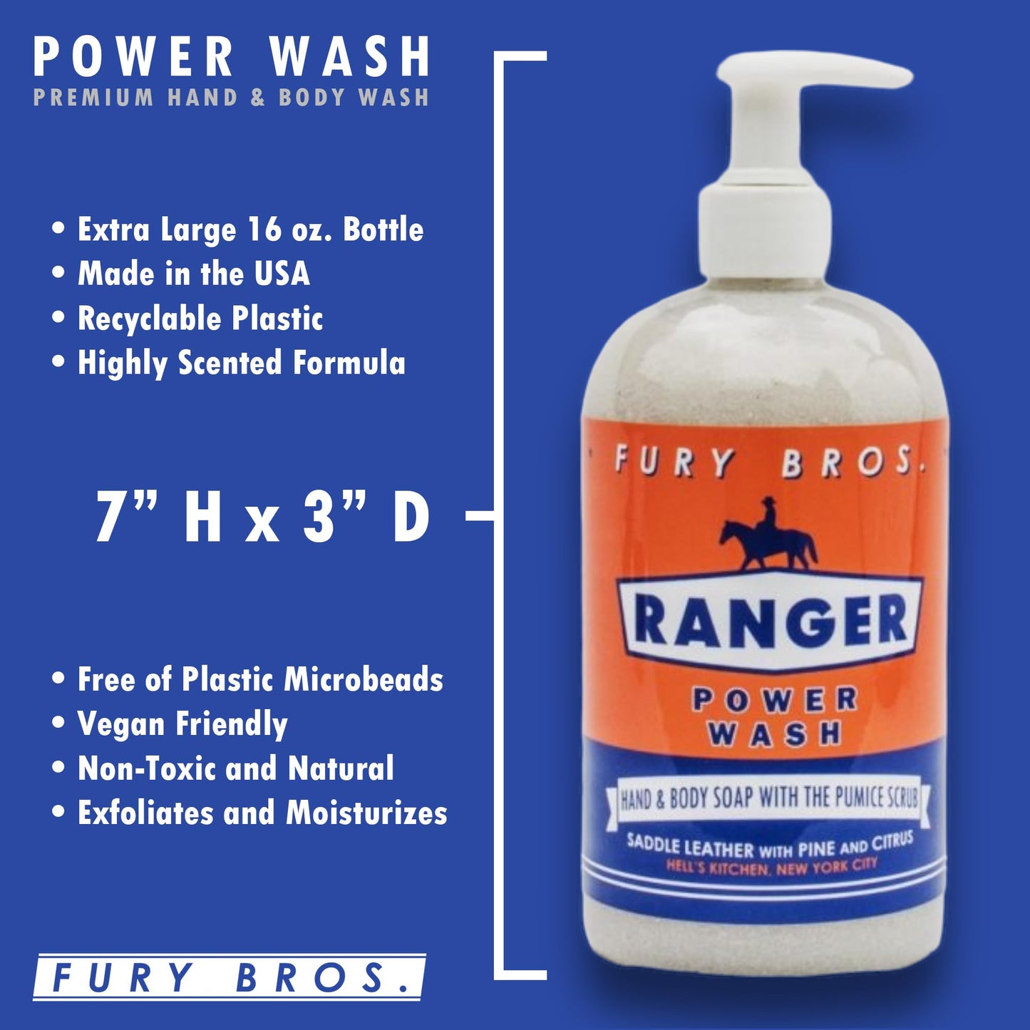 FURY BROS. Premium Power Wash | Ranger | Saddle Leather Pine Citrus | Hand & Body Wash | Exfoliating Pumice | Moisturizing Aloe Vera | Highly Scented | Made in USA | 16 oz | Dad Men Bath