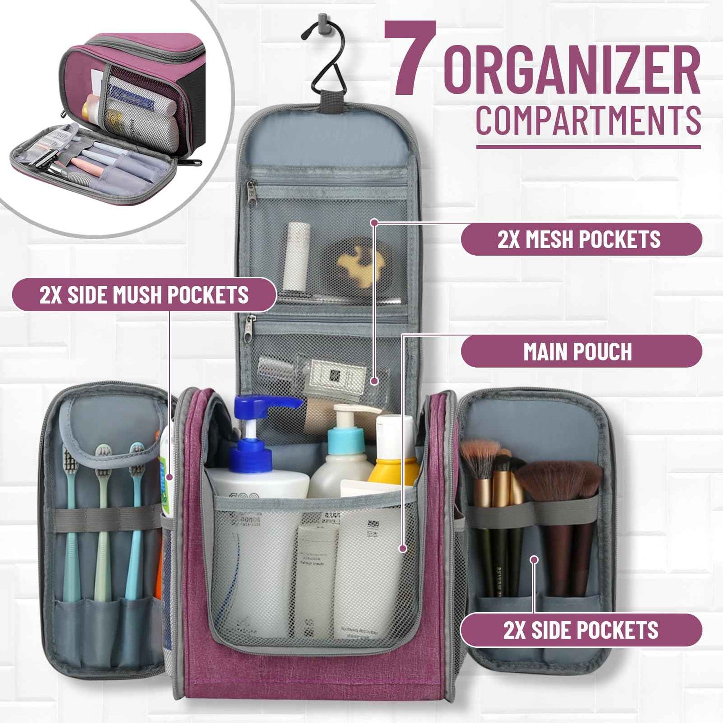 WOOMADA Toiletry Bag for Women, Water Resistant Travel Toiletry,Makeup Bag with Metal Hanging Hook, 7 Organizer Compartments, Full Sized Makeup Organizer Bag for Toiletries, Cosmetics, Makeup, Brushes