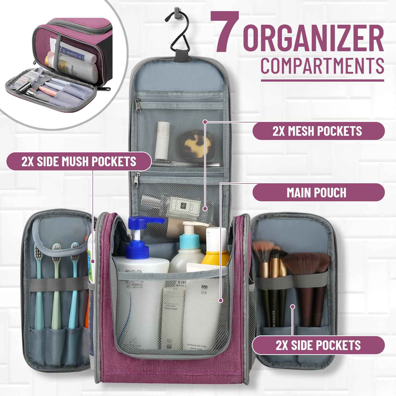 WOOMADA Toiletry Bag for Women, Water Resistant Travel Toiletry,Makeup Bag with Metal Hanging Hook, 7 Organizer Compartments, Full Sized Makeup Organizer Bag for Toiletries, Cosmetics, Makeup, Brushes