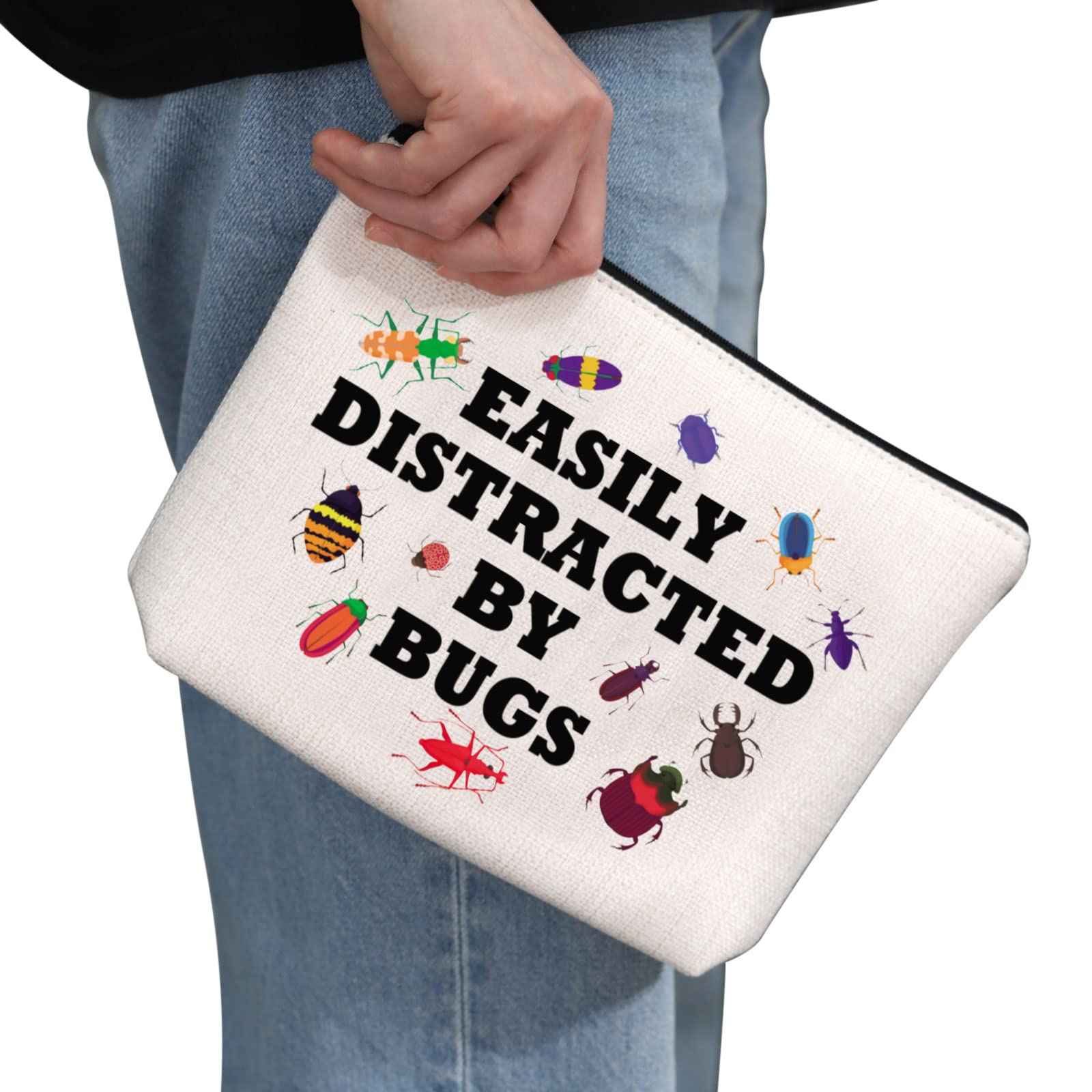G2TUP Bug Lover Cosmetic Bag - Insect Collector Gift - Easily Distracted By Bugs White Travel Bag With Zipper