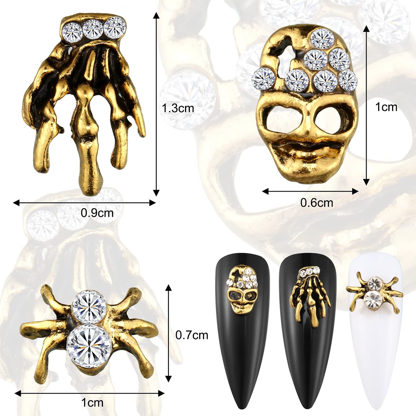 60 Pieces Halloween Nail Charms Skull Spider Nail Charms Skull 3D Spider with Rhinestones Halloween Nail Jewelry Vintage Alloy Skeleton Hand Nail Accessories for Women(Antique Gold)