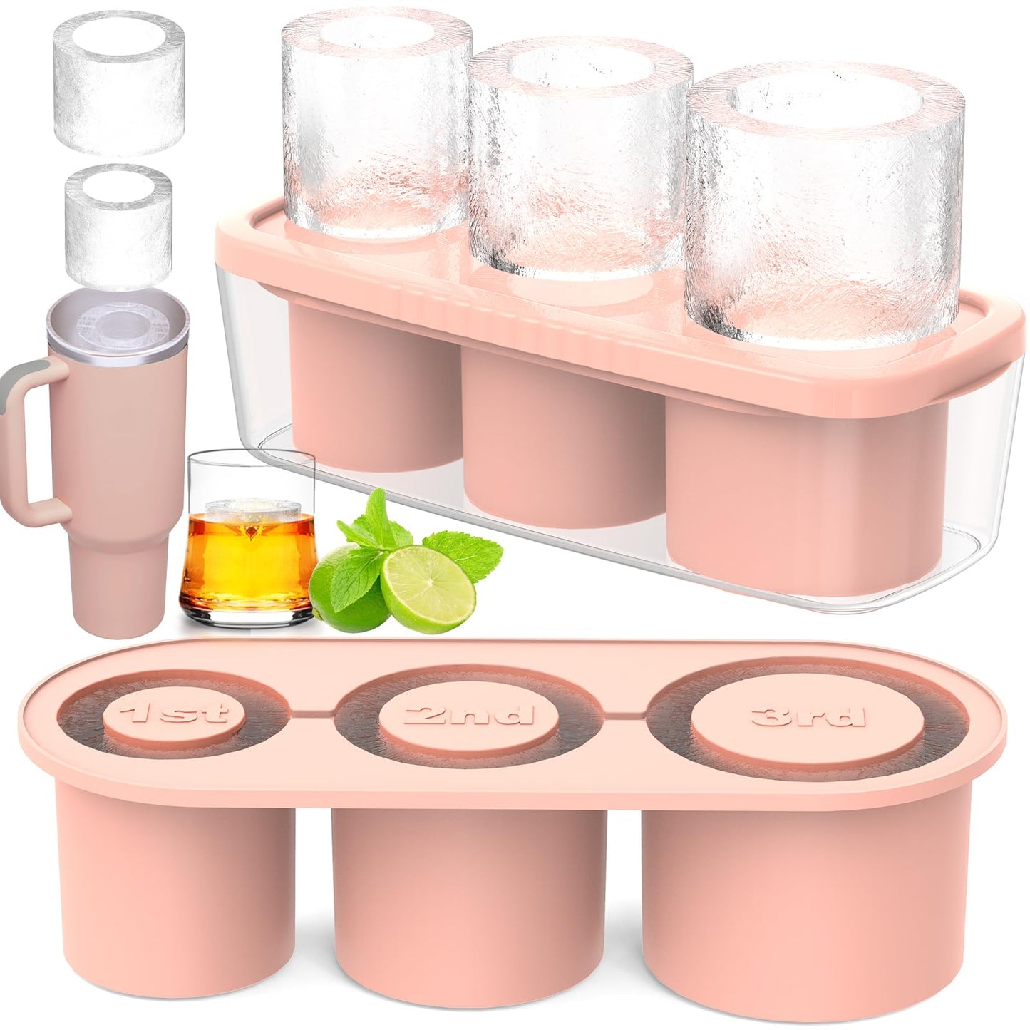 Ice Cube Tray for 30Oz-40Oz Tumbler, 3 Pcs Silicone Hollow Cylinder Ice Mold with Lid and Bin for Freezer, Ice Drink, Juice, Whiskey, Cocktail (Pink, 40 Oz)