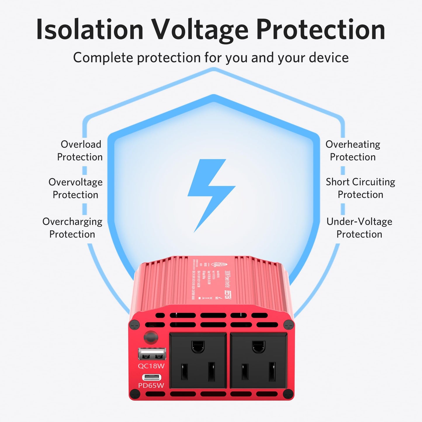 BESTEK 300W Car Power Inverter with 65W USB-C and QC3.0 Ports - 12V DC to 110V AC Converter for Vehicles with Multi-Protection - Red