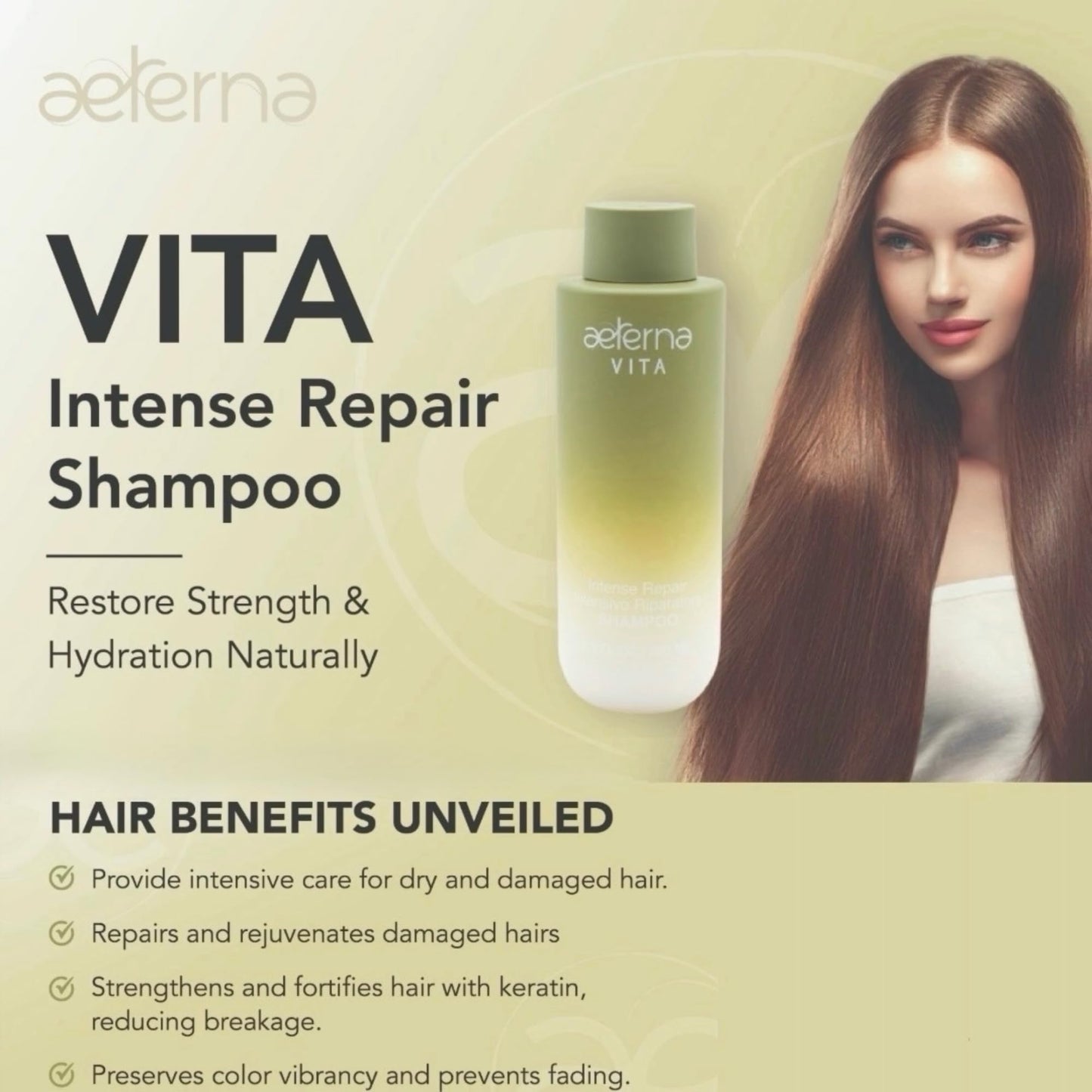 Aeterna VITA Intense Repair Keratin Shampoo for Dry Damaged Hair | Thyme, Ginseng Root Extract | Color-Safe - 250 ml