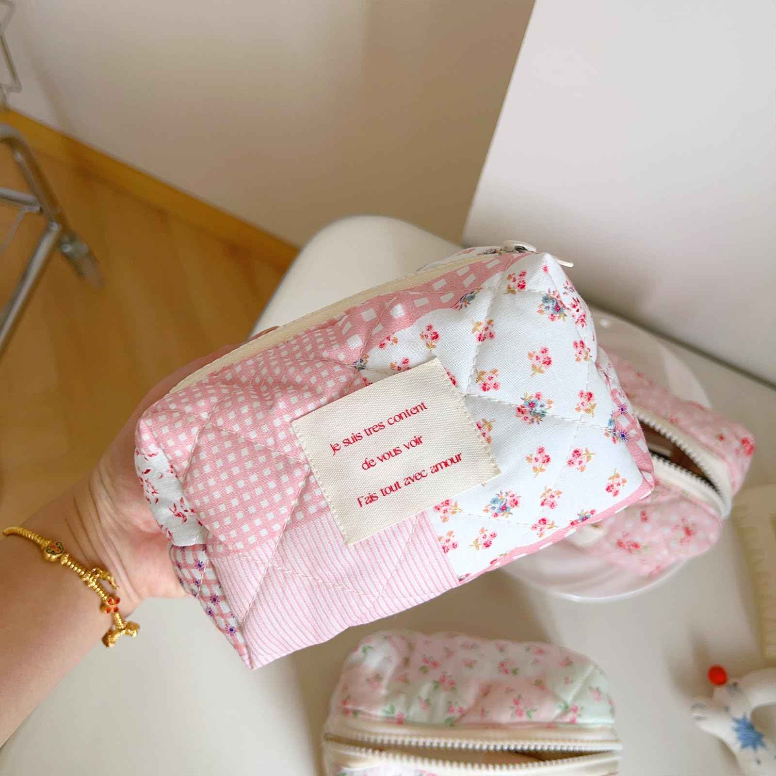 Sminra 2 Pieces Floral Makeup Bag, Cute Travel Quilted Cotton Small Cosmetic Bag Organizer, Coquette Aesthetic Preppy Pouch Purse Toiletry Bag for Women Girls accessories