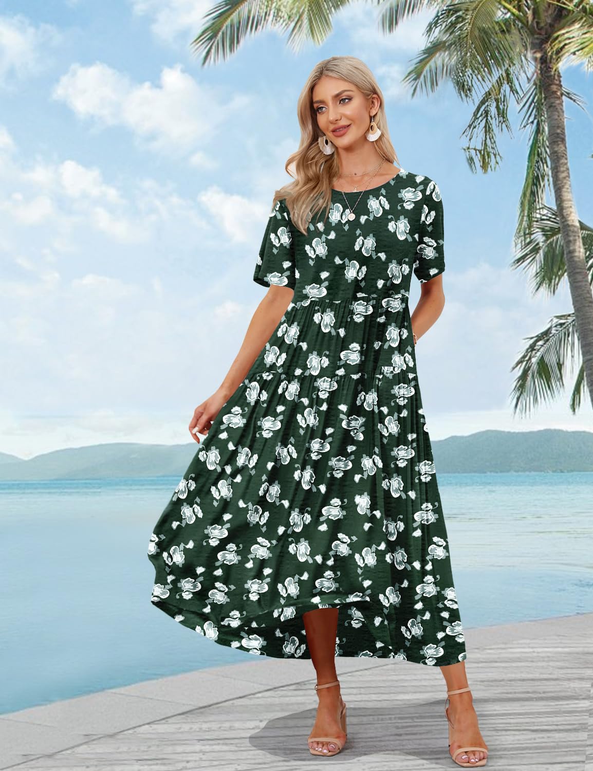 YESNO Women Casual Loose Bohemian Floral Dress with Pockets Short Sleeve Long Maxi Summer Beach Swing Dress S EJF CR420