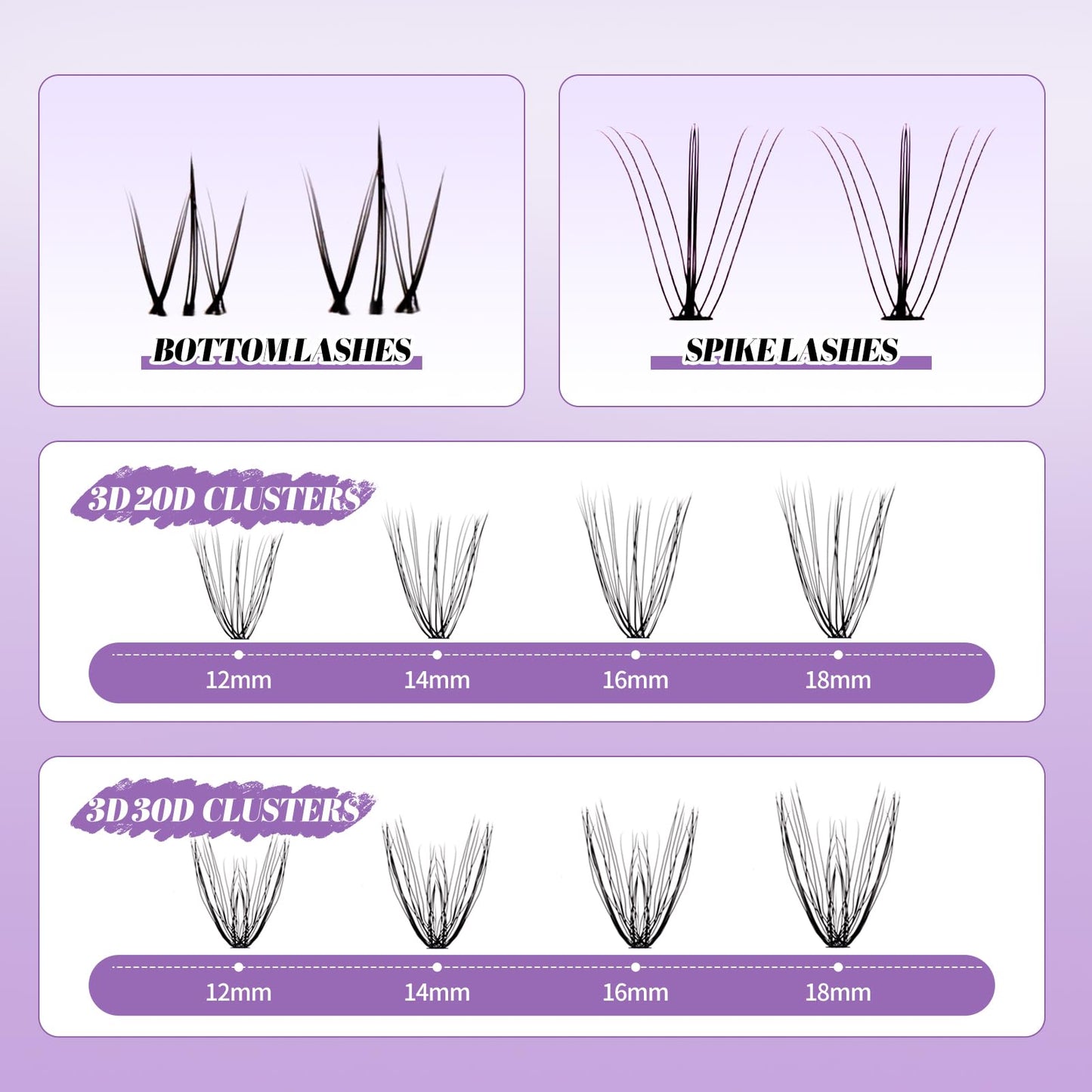 Lash Clusters With Bottom Lashes 20/30D C/D Curl 12-18mm Multi-types Individual Clusters Eyelash Extensions, Spike, Wispy Lash clusters(20/30D-3D)