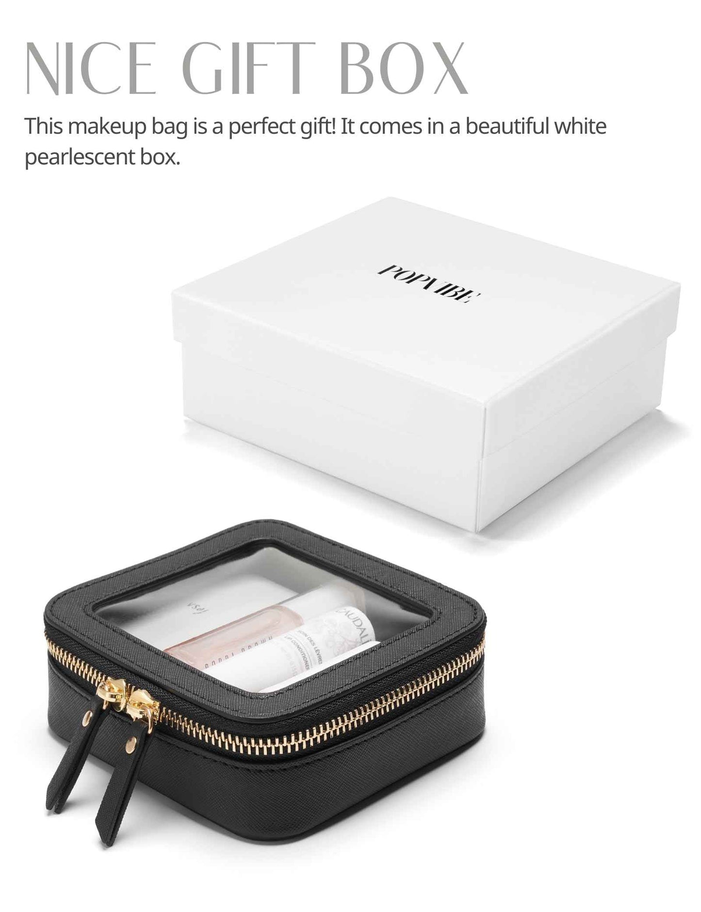 Mini Clear Black Makeup Bag - Cute Square Cosmetic Pouch for Travel with Zipper - For Women & Girls