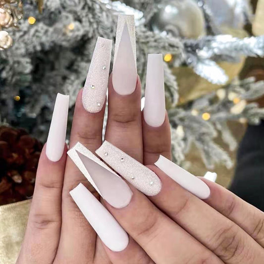 FOAMEE French White Fake Nails Long Coffin Press on Nails with Rhinestones Design Acrylic Ballerina Glue on Nails Matte False Artificial Nails for Women