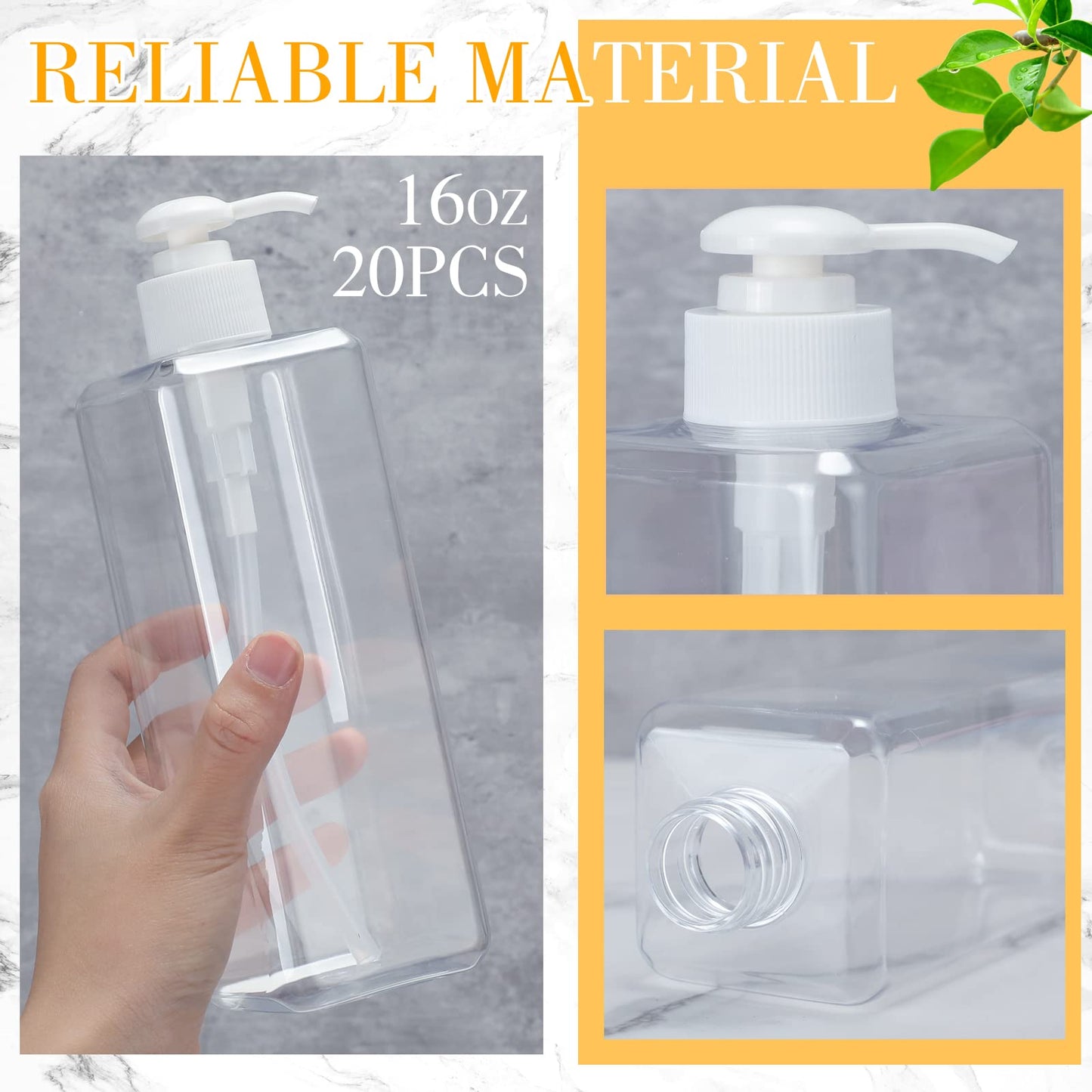 20 Pack 16oz/ 500ml Plastic Empty Bottles Refillable Shampoo Containers with Pump Lightweight Square Soap Dispenser Bottles for Essential Lotions, Shampoos, Conditioner, Massage Oil (Clear, White)