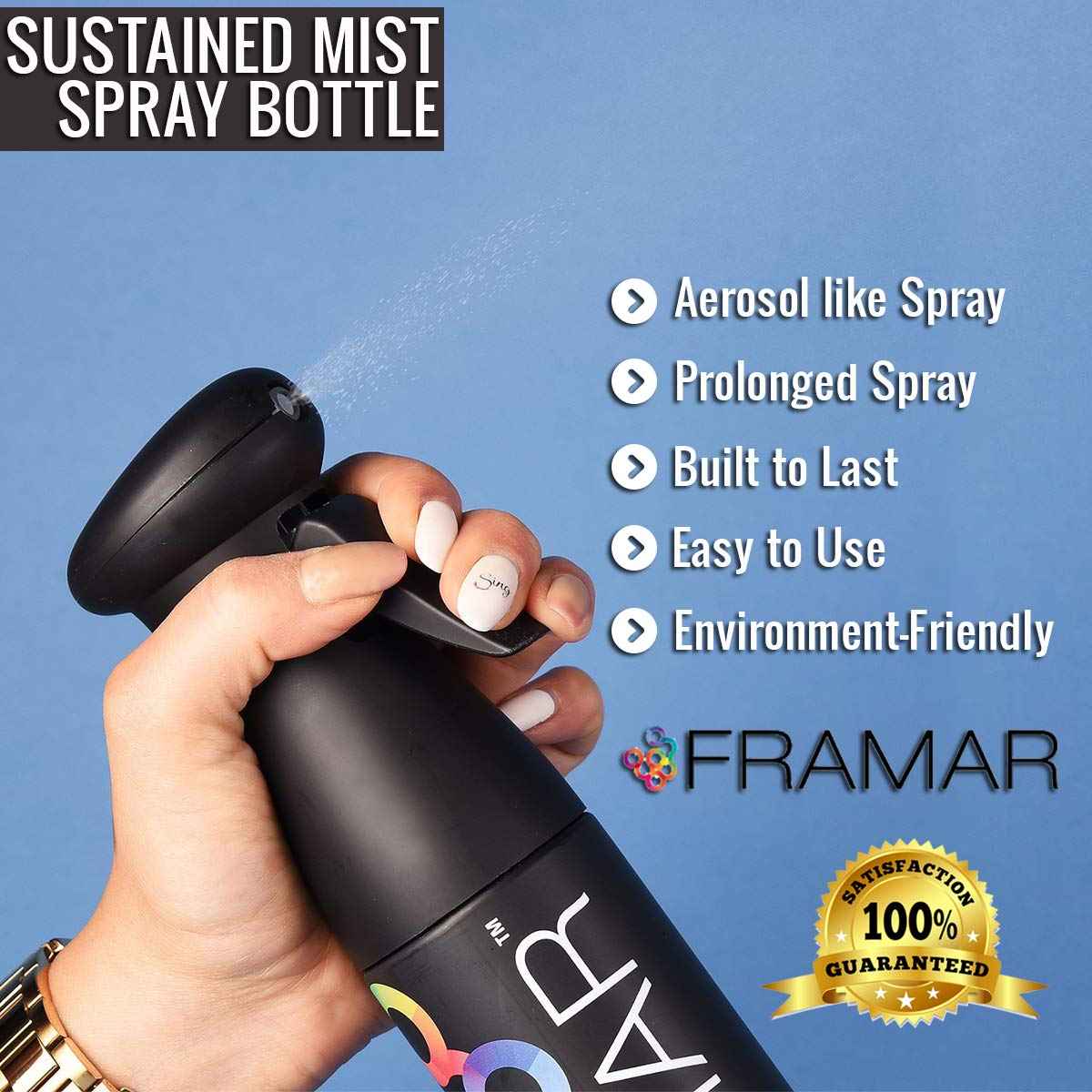 FRAMAR Premium Hair Mister Spray Bottle – Continuous Spray Bottle For Hair, Water Sprayer, Continuous Mister for Salon Supplies – Ultra Fine Mist – Black 250 ml