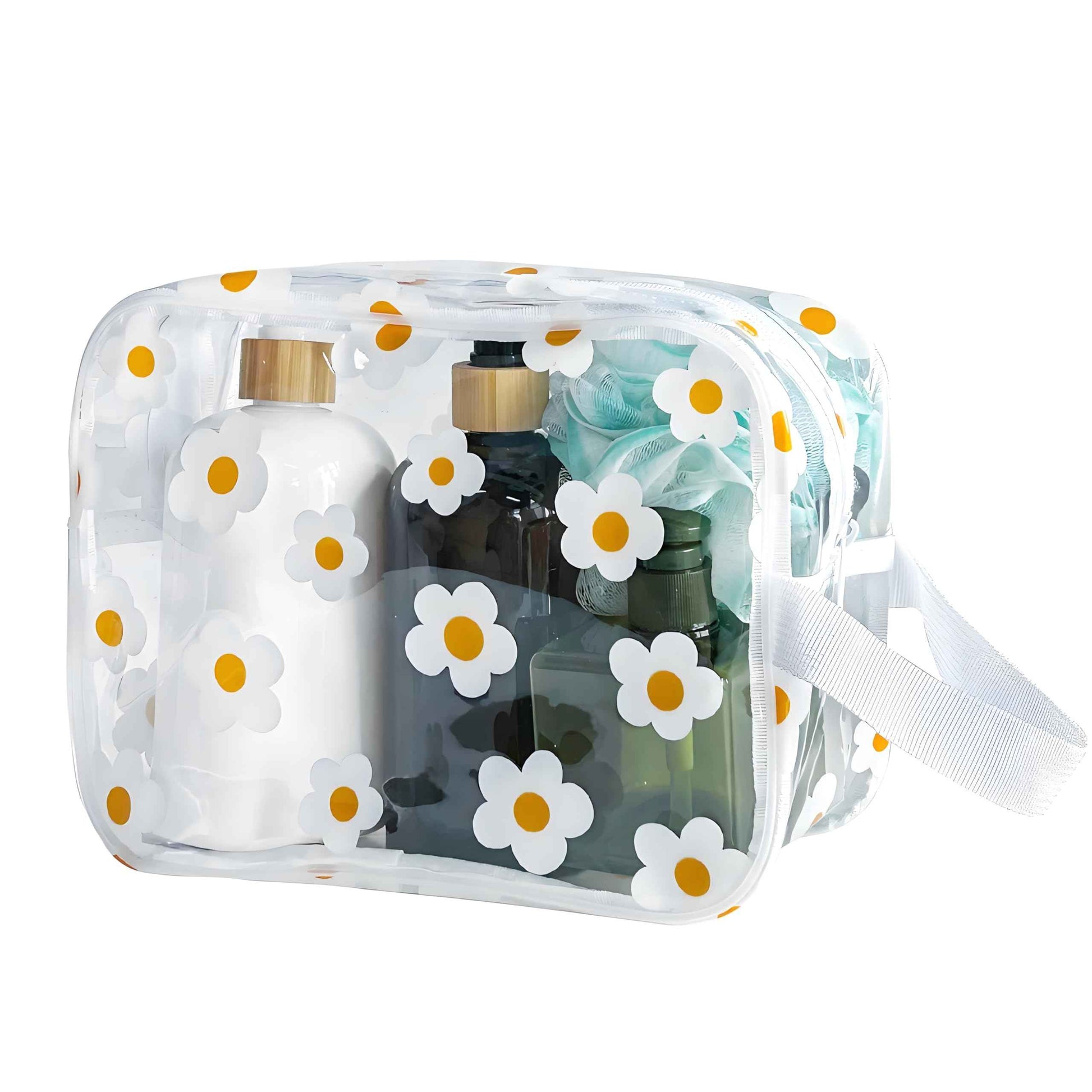 TotePrint Clear Daisy Printed Cosmetic Bag and Travel Pouch 9.4''x6.69''x3.5'' with Handle-Durable PVC Material,Versatile,Zipper Design for Smooth Sliding-Ideal for Makeup (White Floral#2-M)