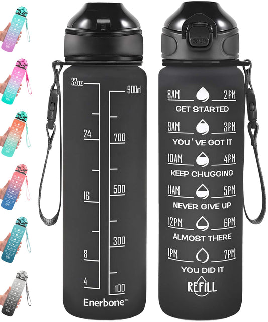 Enerbone 32 oz Drinking Water Bottle with Times to Drink and Straw, Motivational with Carrying Strap, Leakproof BPA & Toxic Free, Ensure You Drink Enough Water for Fitness Gym Outdoor