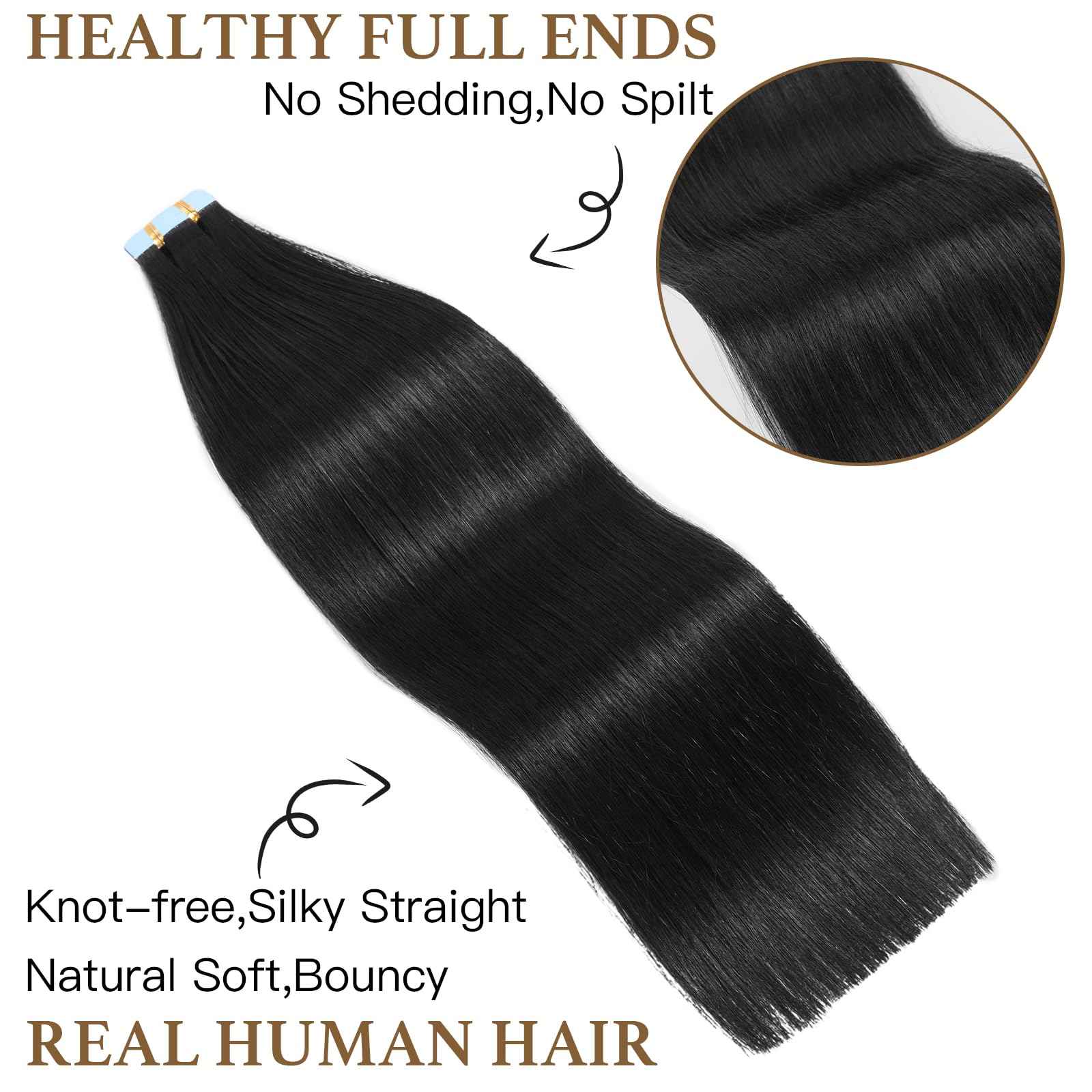 Sunfly Tape in Hair Extensions Human Hair 16 Inch Jet Black 20 Pieces Invisible Hair Extensions Tape Ins Seamless Adding Length 50g