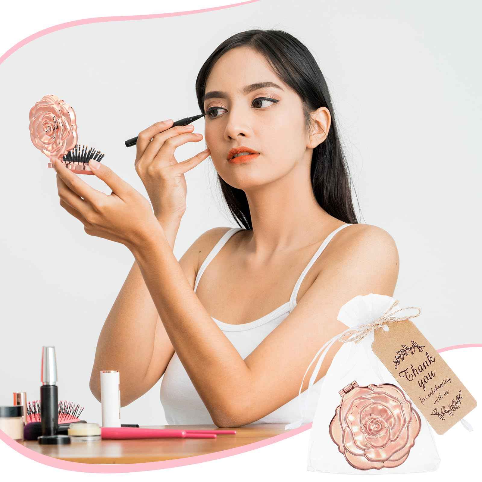 Singhoow 24 Sets Rose Compact Mirrors Brush Bulk Quinceanera Party Favors for Guests Travel Mirror Thank You Gifts Bulk for Sweet 16 15 Party Favors Bridal Shower Wedding Souvenirs(Rose Gold)