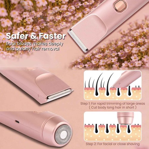 Bikini Trimmer for Women 2-in-1 Electric Razors for Pubic Hair Painless Wet & Dry Use Dual Head Electric Shaver for Women Support 60 Minutes Runtime for Facial Hair Removal & Body & Intimate Areas