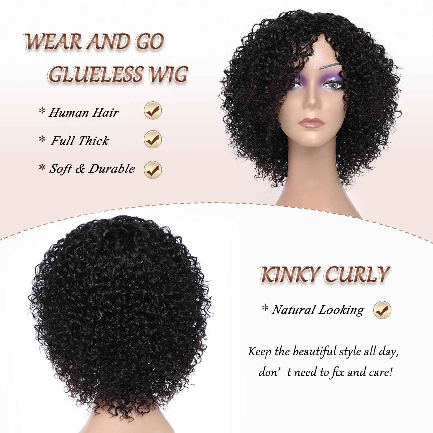 HUA 10 Inch Short Curly Wigs for Black Women Glueless Kinky Curly NO Lace Wig Beginner Friendly Curly Afro Wigs for Women Wear and Go Glueless Wig Natural Black Color 150% Density