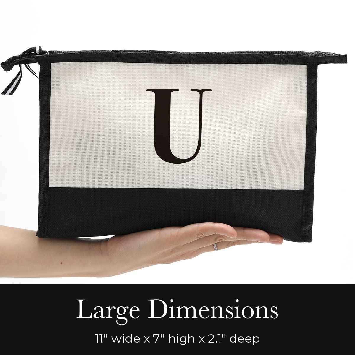 HODREU Monogrammed Cosmetic Bag, Women's Travel Makeup Bag, Personalized Initials, Black, 11" x 7" x 2.1"