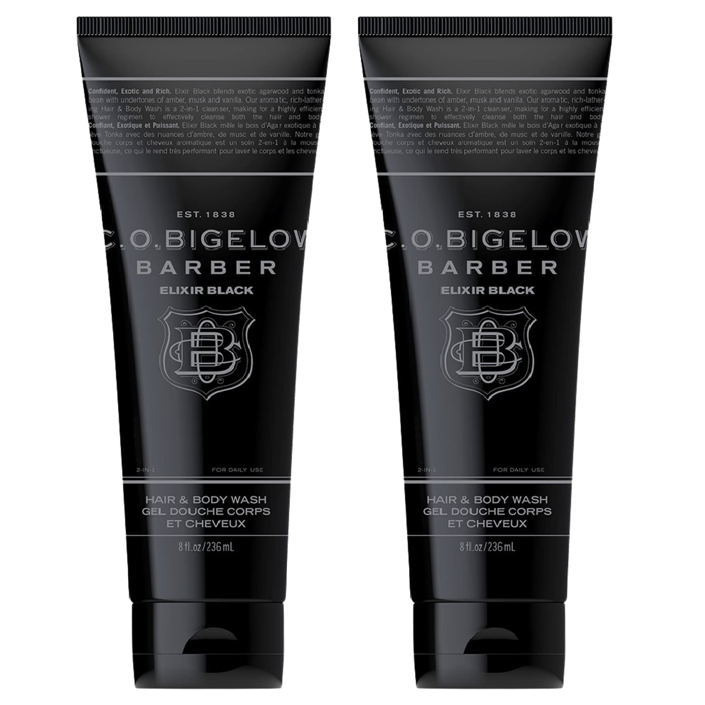 C.O. Bigelow Men's Hair and Body Wash, Elixir Black, No. 1605, 8 fl oz, Mens Body Wash & Shampoo, Musk & Vanilla Moisturizing Mens Shampoo & Body Cleanser, Pack of 2