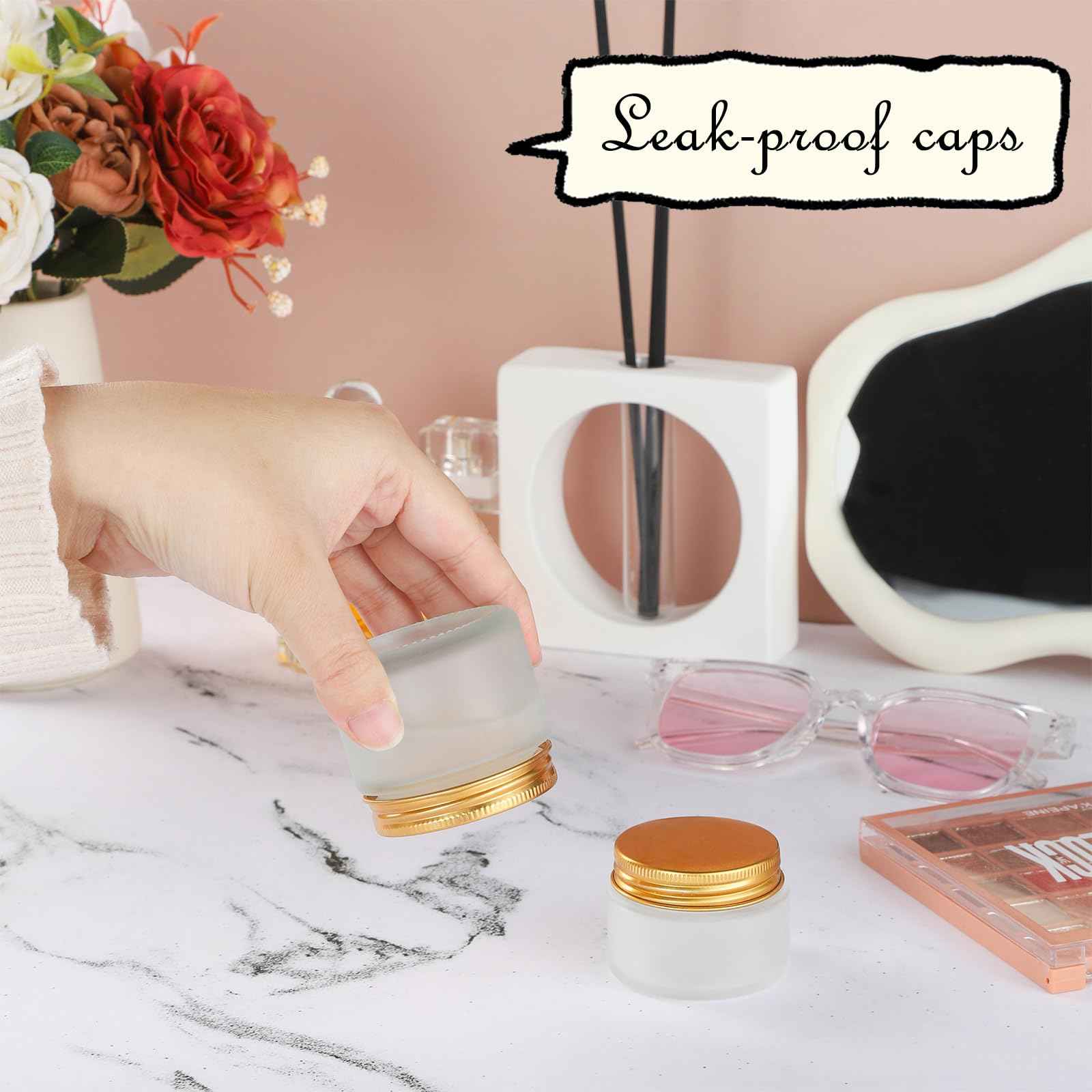 RAMFIYN 24 pack Small Clear Frosted Glass Cosmetic jars with Golden Metal Lids 2oz Bulk for Sample Lotion Cream Travel Jar Cosmetic Container
