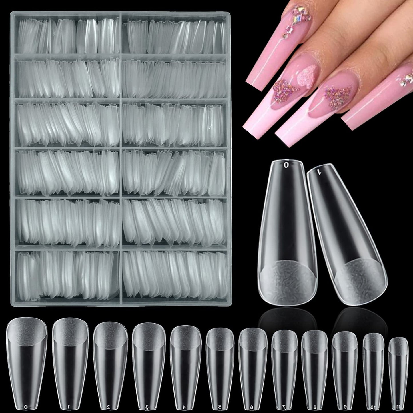 LoveOurHome 600pc Long Coffin Fake Nails Tips Full Cover Gel X French False Nail Matte Clear Ballerina Soft Gel Artificial Fingernails 12 Sizes for Women Teen Grils Acrylic Nail Extension