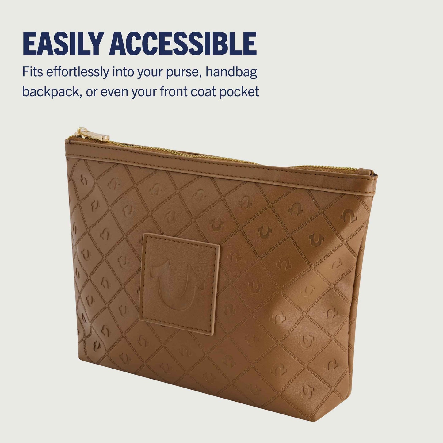 True Religion Women's Makeup Bag, Small Travel Cosmetic Zipper Pouch Organizer, Gold Hardware, Brown