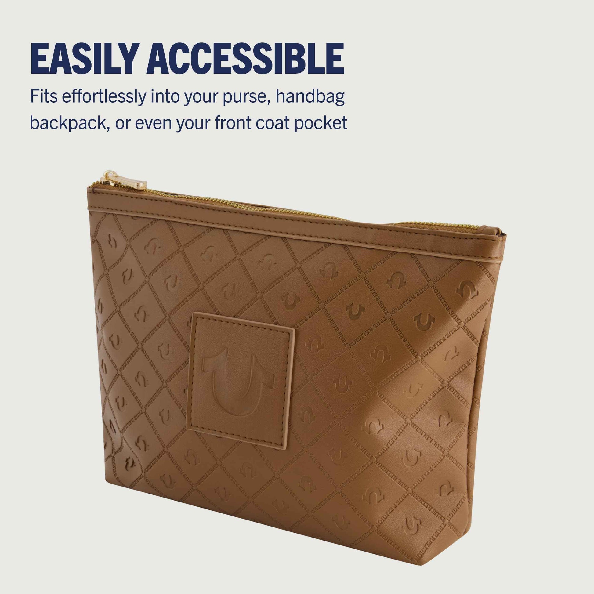 True Religion Women's Makeup Bag, Small Travel Cosmetic Zipper Pouch Organizer, Gold Hardware, Brown