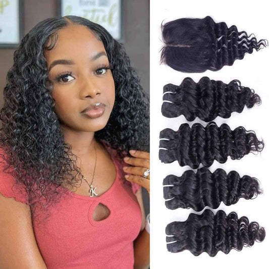 Deep Water Wave Bundles with Closure Brazilian Deep Short Bob Curly Human Hair 4 Bundles with 4x4x1 Middle Part Lace Closure Wet and Wavy 50g(10 10 10 10+10)