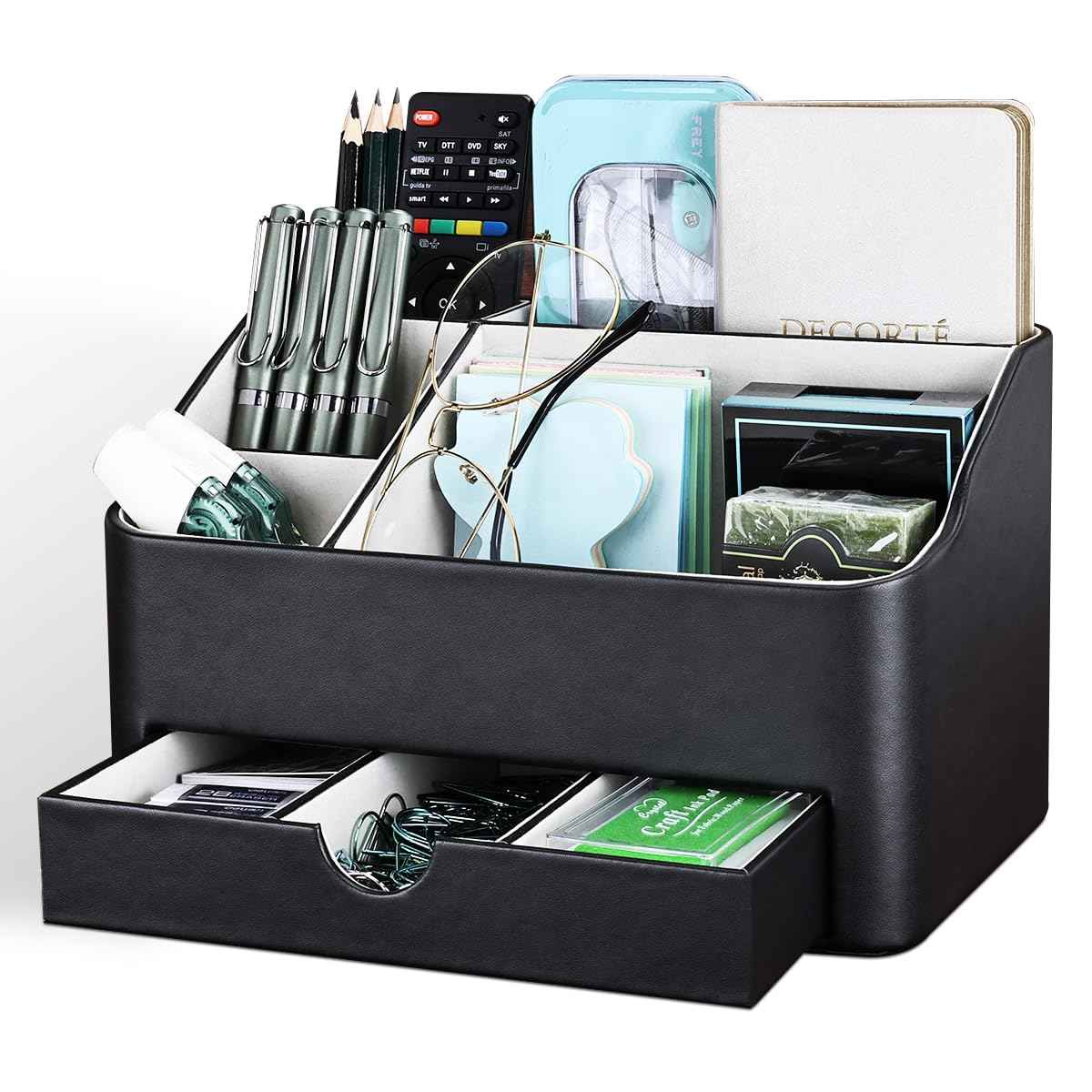 KINGFOM Leather Makeup Organizer with Drawer, Cosmetic Storage for Dresser Countertop and Bathroom Vanity, Beauty Holder for Lipstick Brush Skincare (Black)