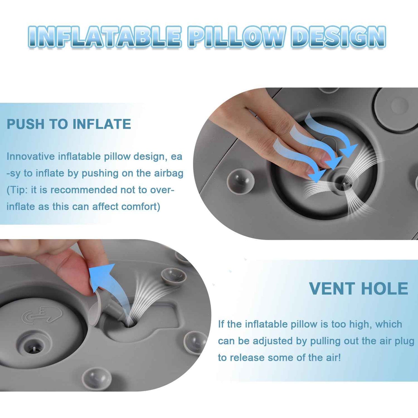 Silicone Bath Pillow for Tub – Ergonomic Bathtub Headrest with Inflatable Air Cushion, Non-Slip Suction Cups & Neck/Back Support – Comfortable Spa Bath Accessory for Relaxation (Grey)