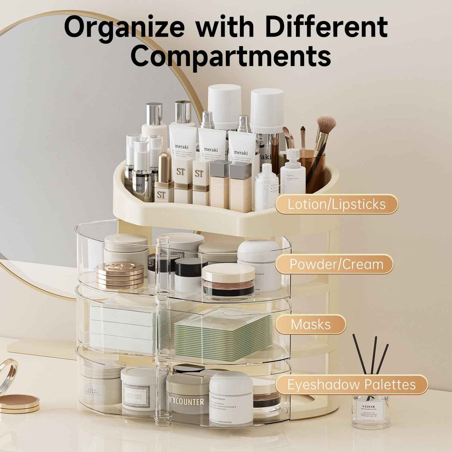 UFORU Makeup Organizer for Vanity, Countertop Organizer with 360° Rotating Drawer, Spacious Cosmetic Display Case for Beauty Essential, Skincare,Lipstick, 2 Drawers