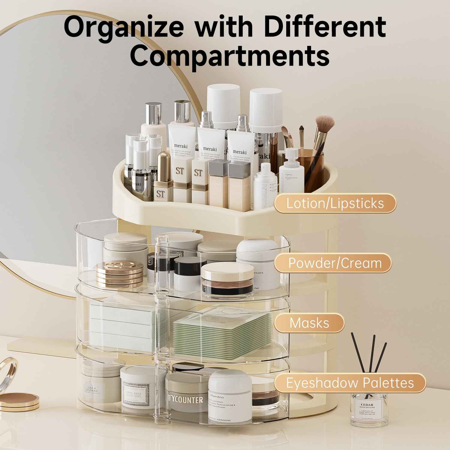 UFORU Makeup Organizer for Vanity, Countertop Organizer with 360° Rotating Drawer, Spacious Cosmetic Display Case for Beauty Essential, Skincare,Lipstick, 2 Drawers