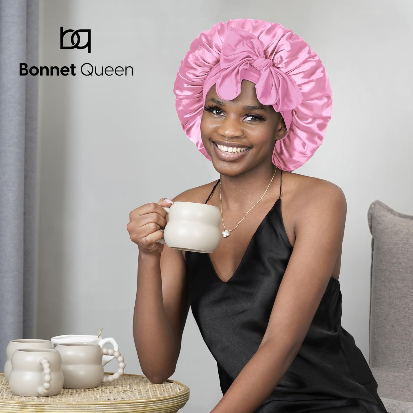 BONNET QUEEN Silk Bonnet for Sleeping Women Satin Bonnet Hair Bonnet Night Sleep Cap Scarf Wrap for Curly Hair with Tie Band Light Rose Gold