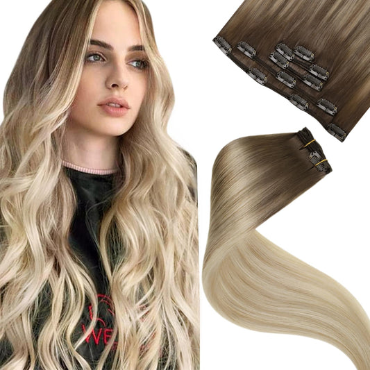 LaaVoo Human Hair Clip in Extensions Balayage Light Brown to Ash Blonde Mix Platinum Blonde 12 Inch Clip in Hair Extensions Real Human Hair Brown Ombre Hair Extensions Clip ins 5pcs 80g