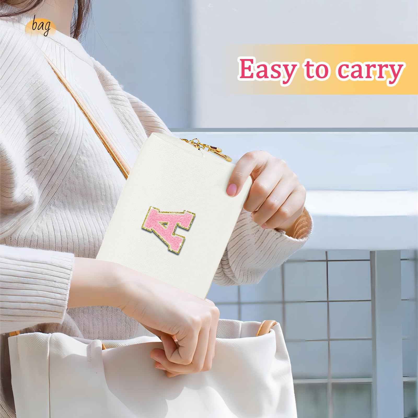 Fodofodo Personalized Initial Letter Makeup Bag,Preppy Patch Makeup Bag,PU Waterproof Travel Toiletry Bag,Chenille Letter Cosmetic Bag,Toiletry Zipper Pouch Organizer for Women Girls (White,U)