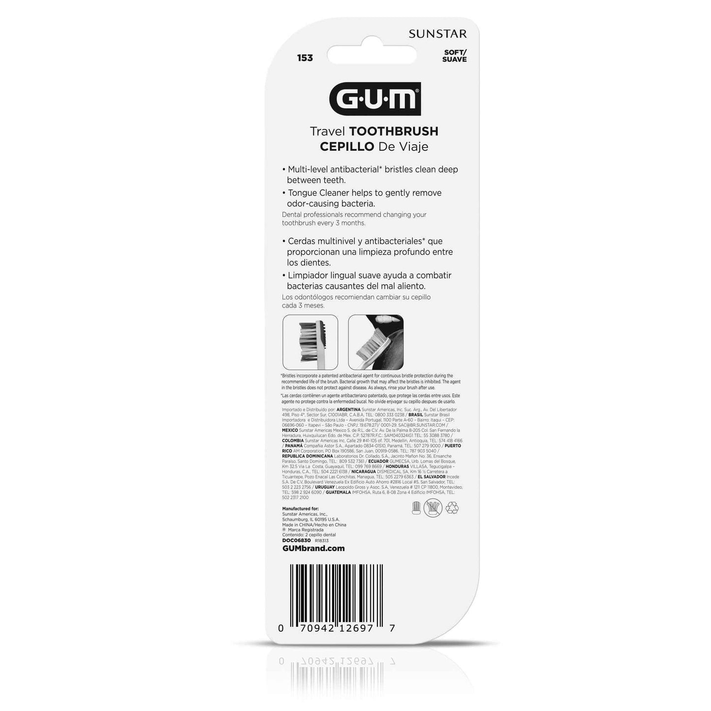 GUM Folding Travel Toothbrush, Compact Head + Tongue Cleaner, Soft Bristled Travel Toothbrushes for Adults, 2ct (Pack of 2)