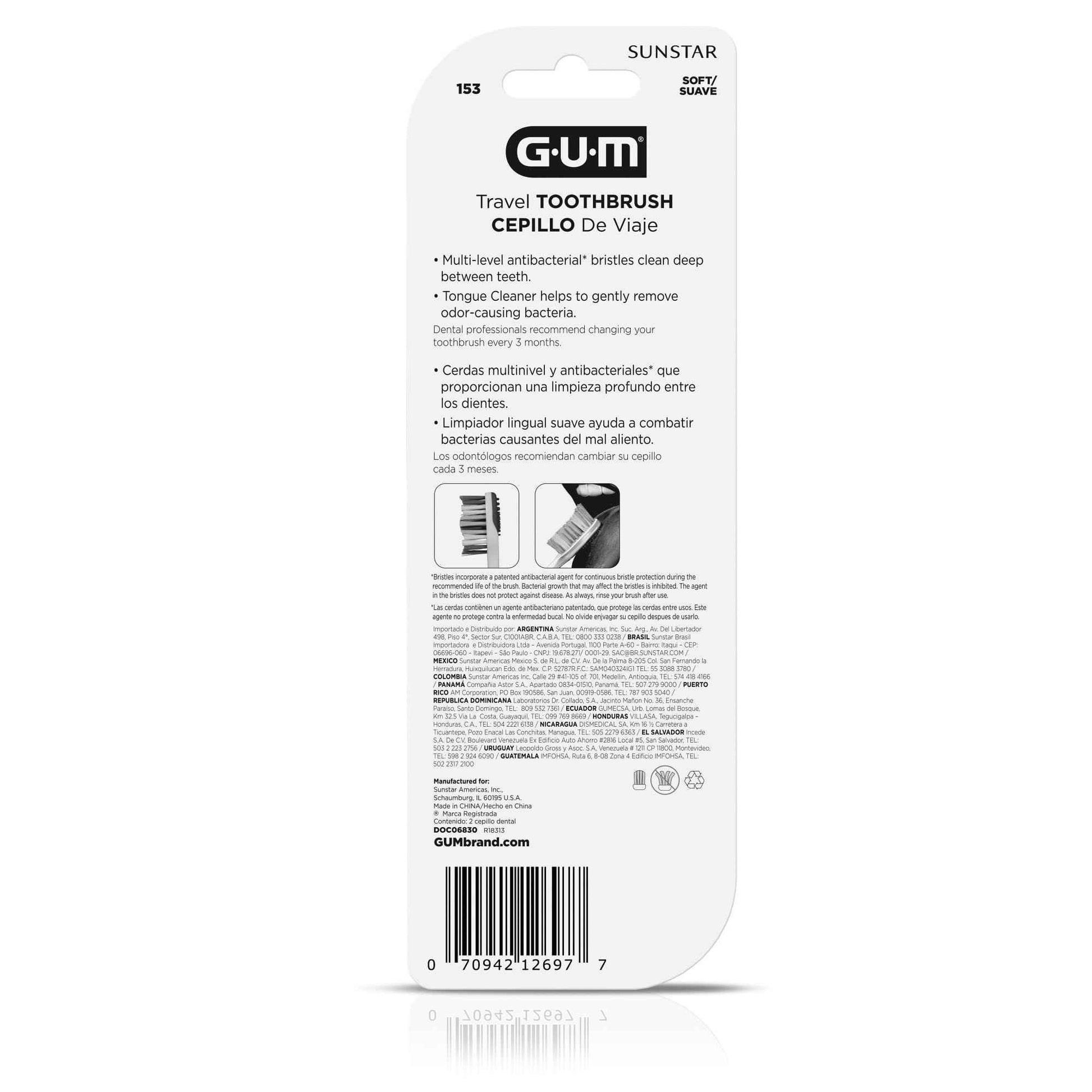 GUM Folding Travel Toothbrush, Compact Head + Tongue Cleaner, Soft Bristled Travel Toothbrushes for Adults, 2ct (Pack of 2)