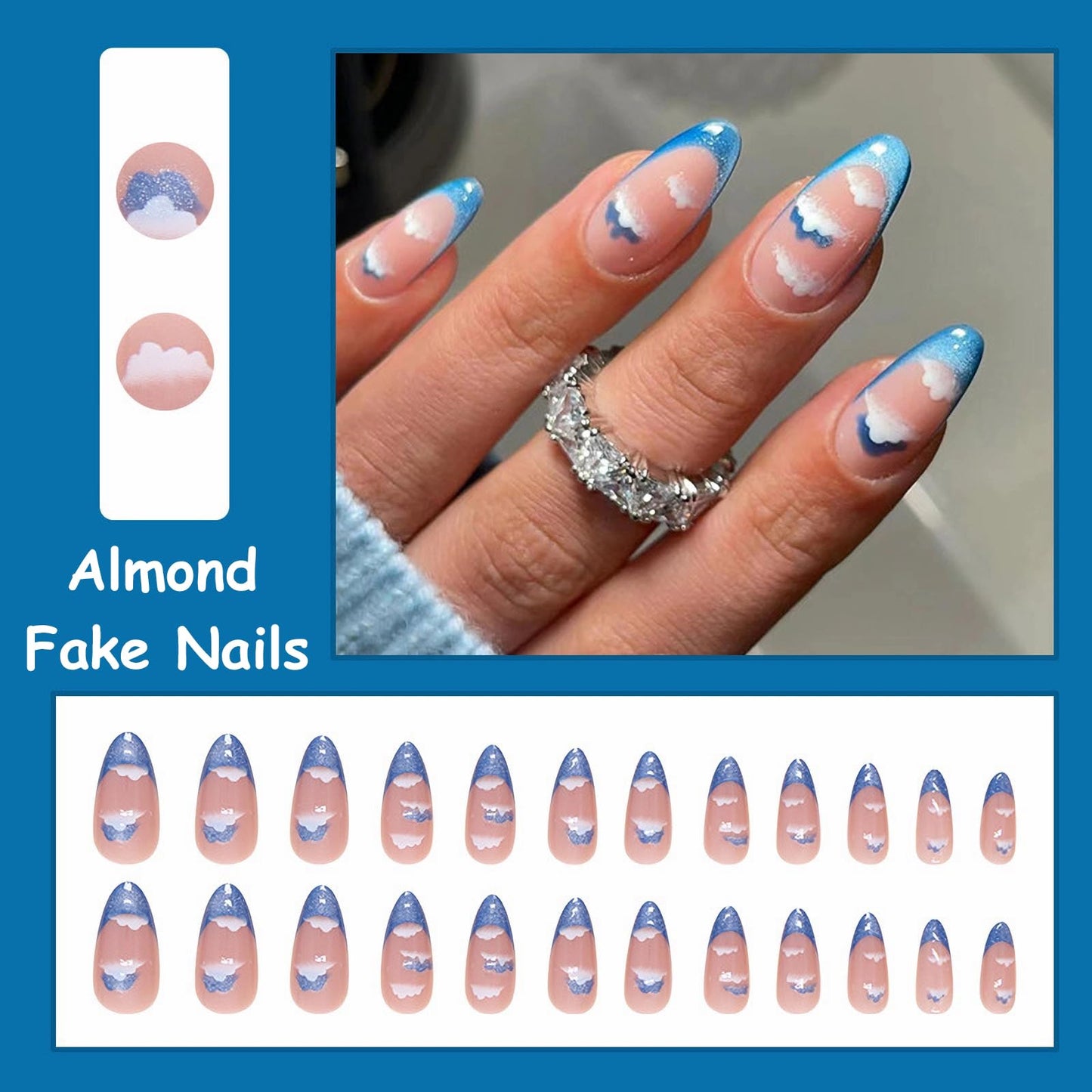 MISUD Press on Nails Medium Almond Fake Nails Glossy Glue on Nails Bling Blue Cat Eye French Tip Acrylic Nails Stiletto Artificial Nails Summer Cloud Stick on False Nails with Design 24 pcs