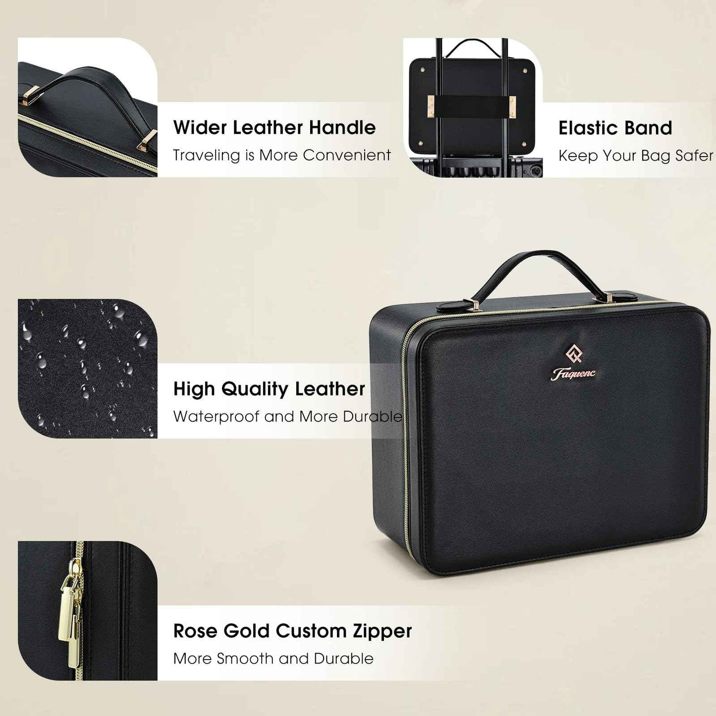 Faquenc 11.4 Inch Extra Large Makeup Bag with LED Lighted Mirror Leather Cosmetic Train Case Light up Mirror Portable Makeup Artist Storage Bag with Dividers Makeup Brush Holder Vanity Black