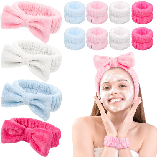 JOUXKOT 12 Pack Spa Headband Wristband Set, Bow Hair Band for Washing Face Facial Makeup Yoga Shower, Soft Coral Fleece Head Band Wraps for Women and Girls