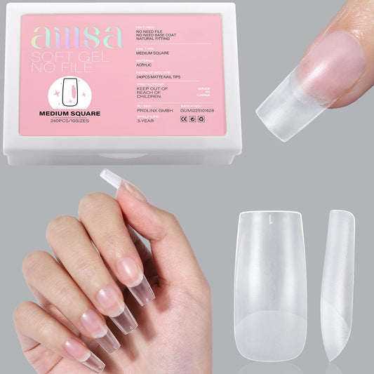 AILLSA Medium Square Nail Tips - Upgraded Matte Soft Gel Full Cover Nail Tips No Filed, 240Pcs Pre-shaped Gelly Tips Acrylic Clear Fake Press On Nail Tips for Soak Off Nail Extension 10 Sizes