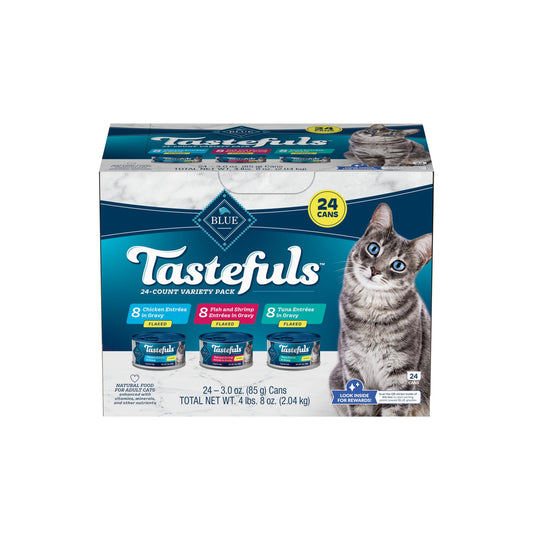 Blue Buffalo Tastefuls Natural Flaked Wet Cat Food Variety Pack, Tuna, Chicken and Fish & Shrimp Entrées in Gravy 3-oz Cans (24 Count)