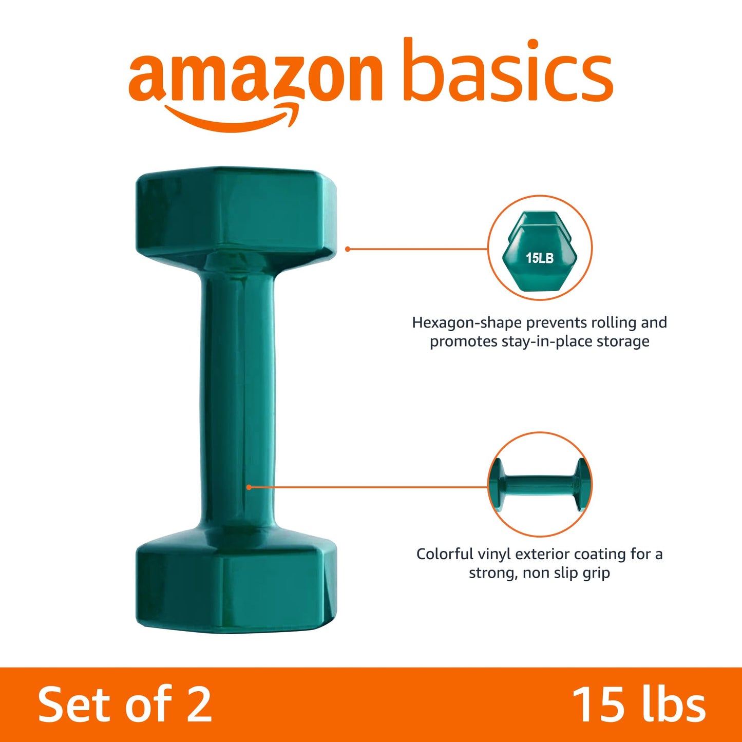 Amazon Basics Vinyl Coated Dumbbell Hand Weights, 30 Pounds, Pair, Teal