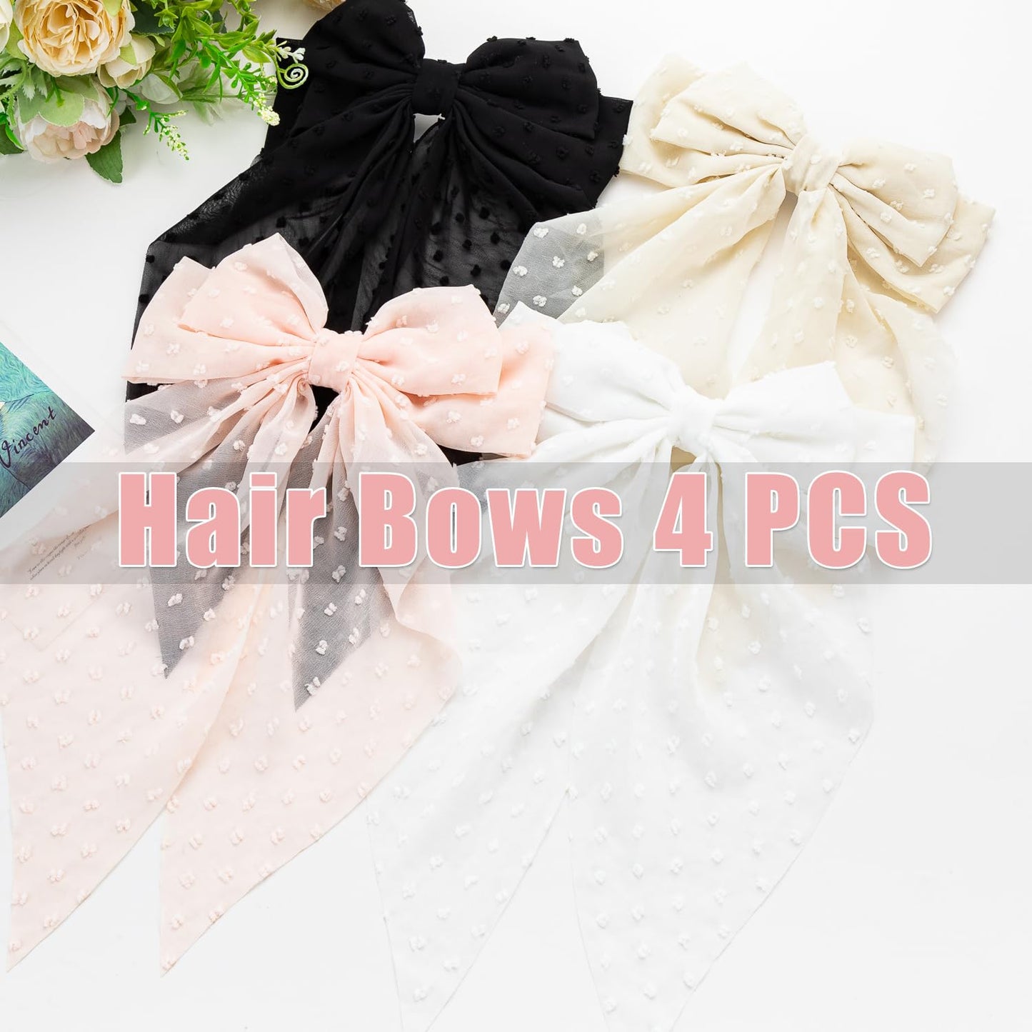 Seneeel Large Hair Bows 4 PCS - Cute Oversized Ribbon Bows for Women in Beige, Light Pink, White, Black - Hair Barrettes for Different Occasions