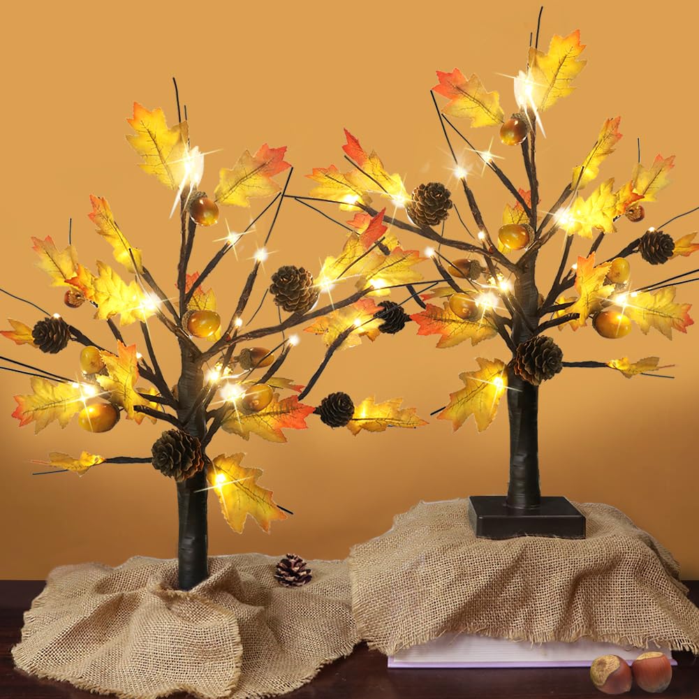 Bright Zeal 2-Pack 19.5" Tall Lighted Maple Tree LED Maple Tree Lights Indoor Battery Operated - Acorns and Pine Cones Decorations Thanksgiving Decorations for Home - Light Up Maple Tree Tabletop