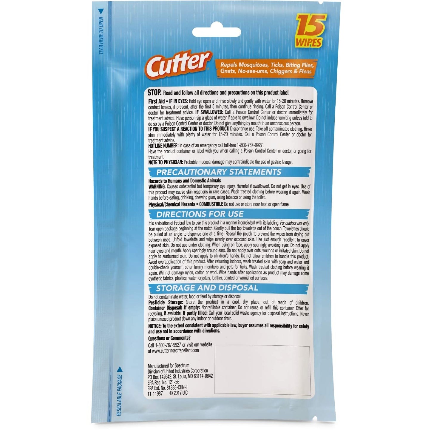 Cutter All Family Mosquito Wipes, Insect Repellent, Repel Mosquitoes, Ticks, Gnats, Fleas & More, 7% DEET 15 Count