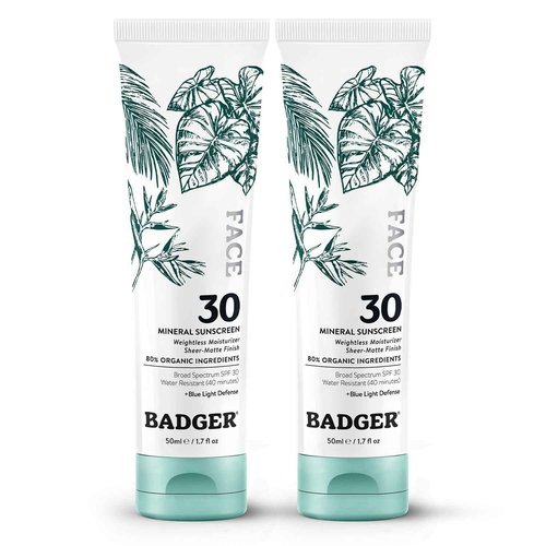 Badger Zinc Oxide Face Sunscreen SPF 30, Lightweight Mineral Sunscreen for Face, Matte Finish, No White Cast, Vegan, Water Resistant, Unscented, Mineral Sunblock Facial Lotion, 1.7 fl oz, 2-Pack